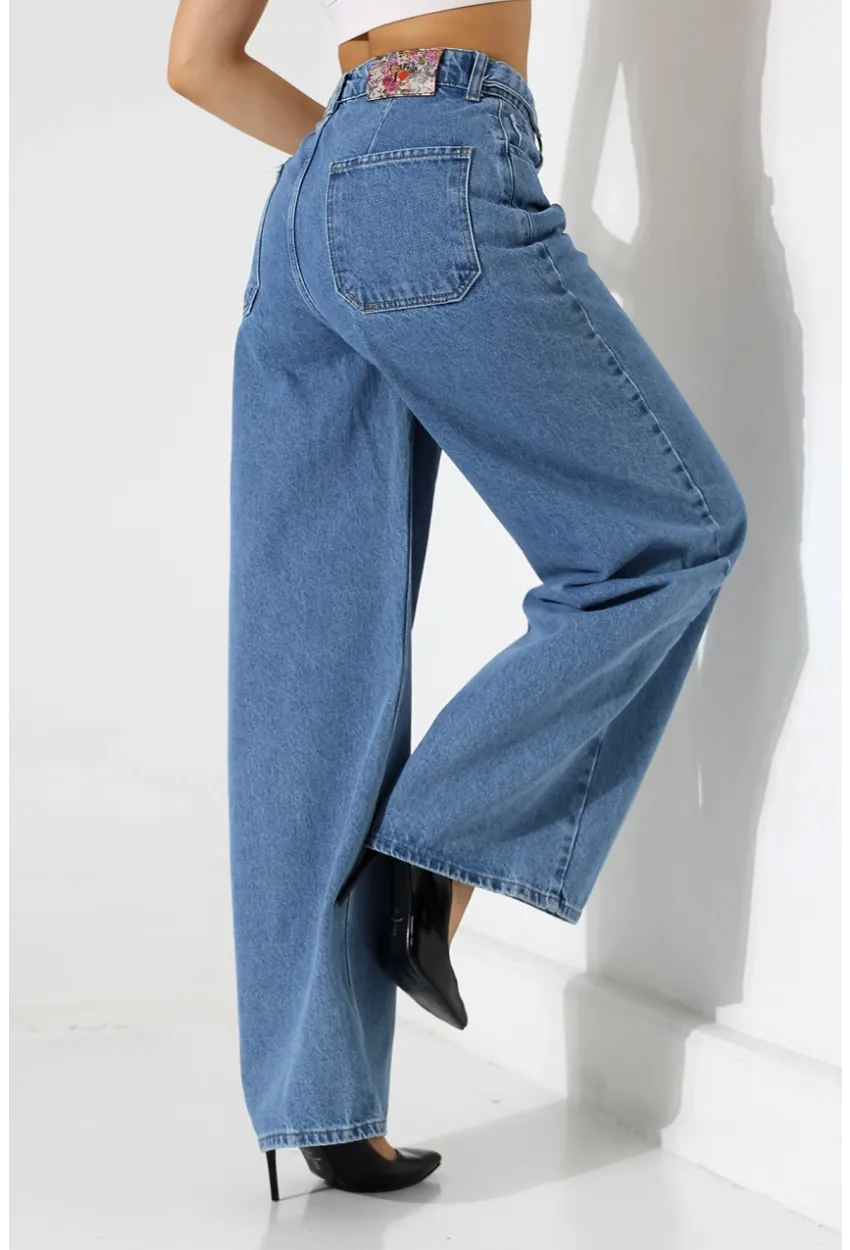 Yüksek Bel Geniş Paça Düz Kesim Mavi Jean Pantolon