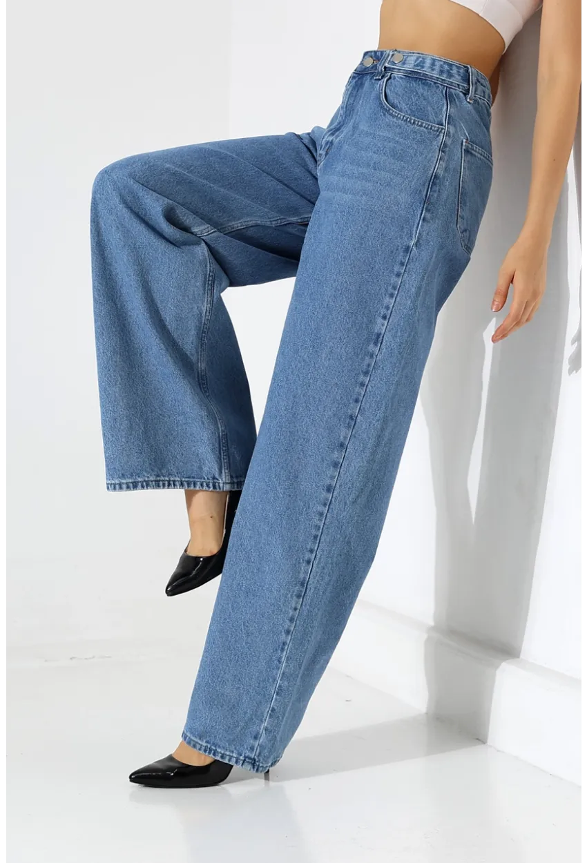 Yüksek Bel Geniş Paça Düz Kesim Mavi Jean Pantolon