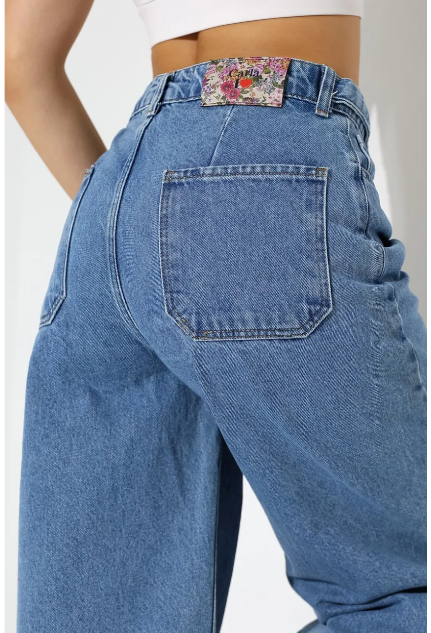 Yüksek Bel Geniş Paça Düz Kesim Mavi Jean Pantolon