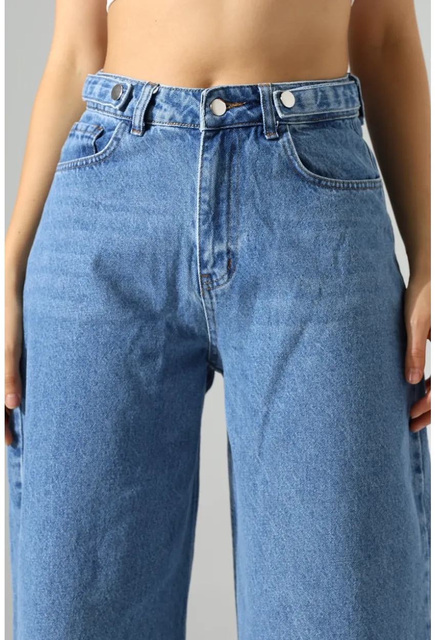 Yüksek Bel Geniş Paça Düz Kesim Mavi Jean Pantolon