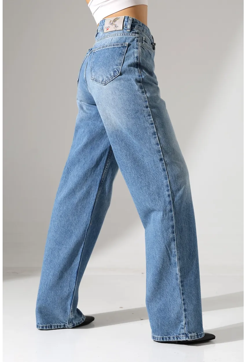 Yüksek Bel Geniş Paça Mavi Jean Pantolon
