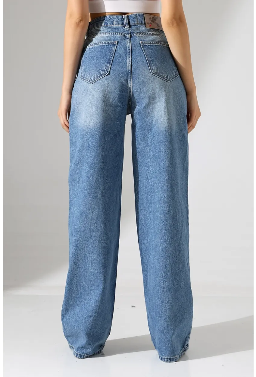 Yüksek Bel Geniş Paça Mavi Jean Pantolon