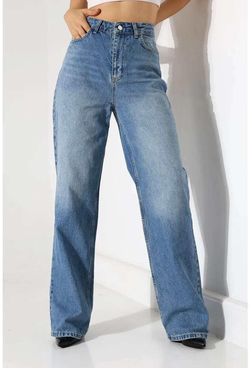 Yüksek Bel Geniş Paça Mavi Jean Pantolon