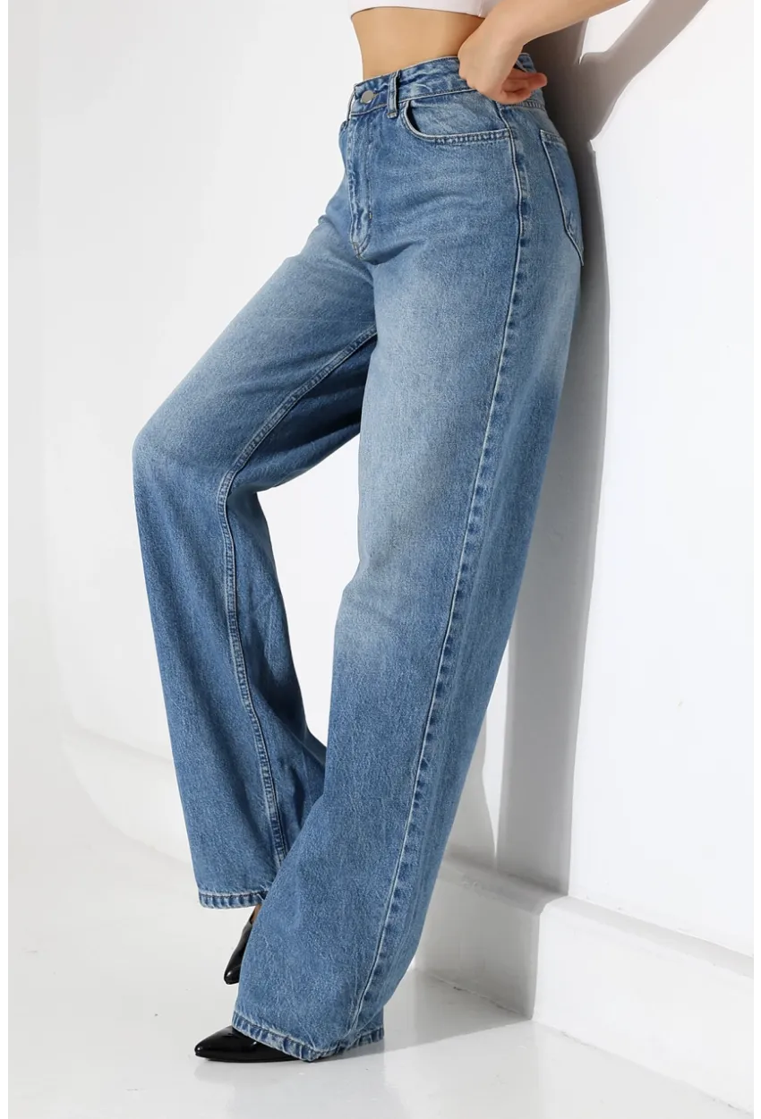 Yüksek Bel Geniş Paça Mavi Jean Pantolon