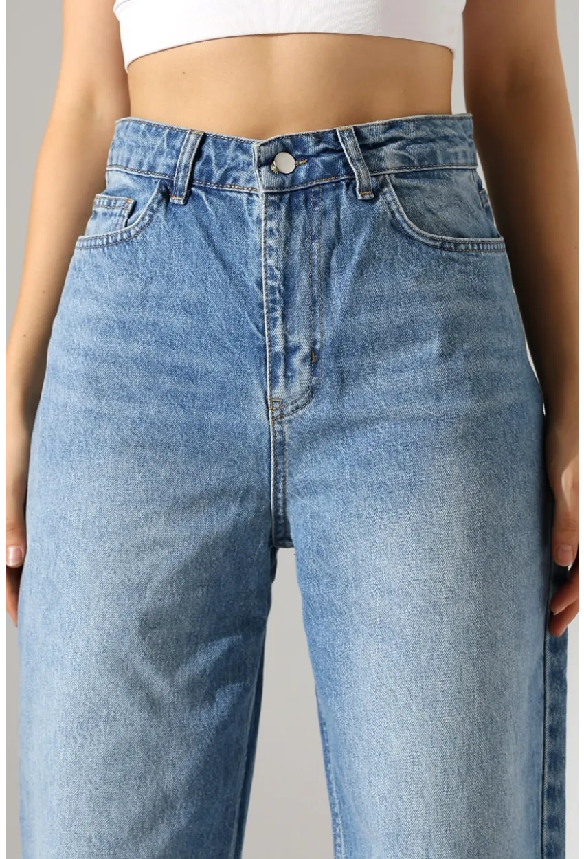 Yüksek Bel Geniş Paça Mavi Jean Pantolon