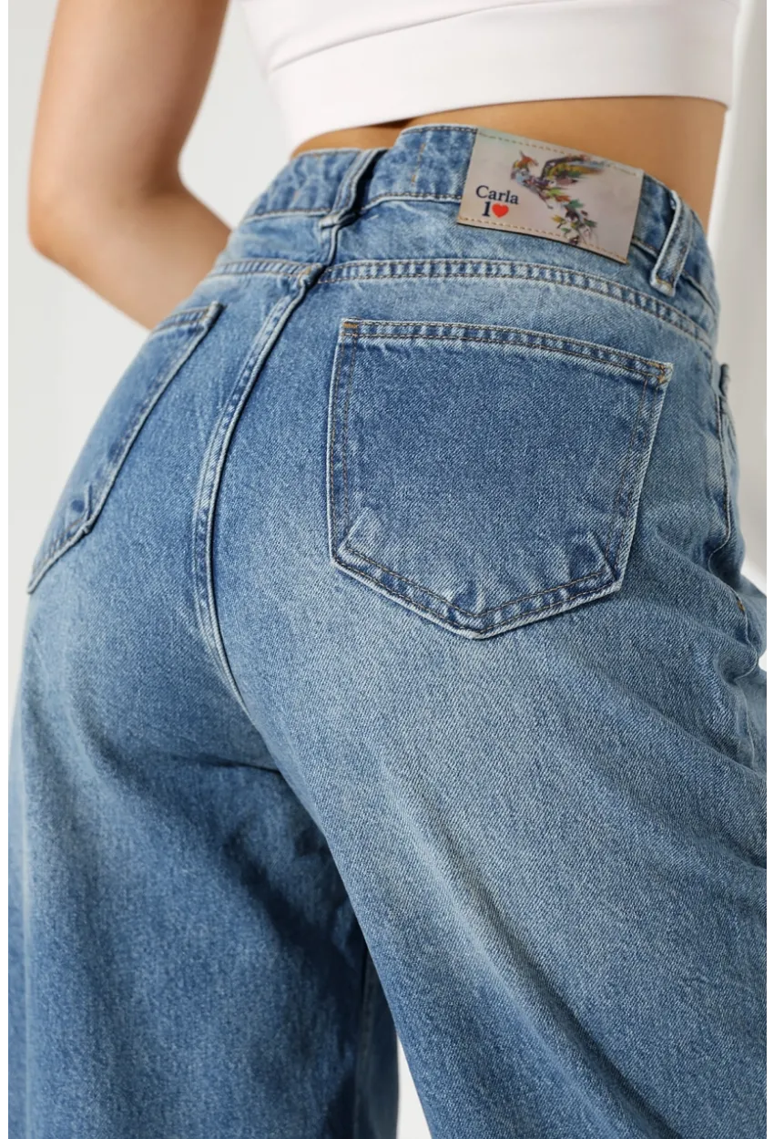 Yüksek Bel Geniş Paça Mavi Jean Pantolon