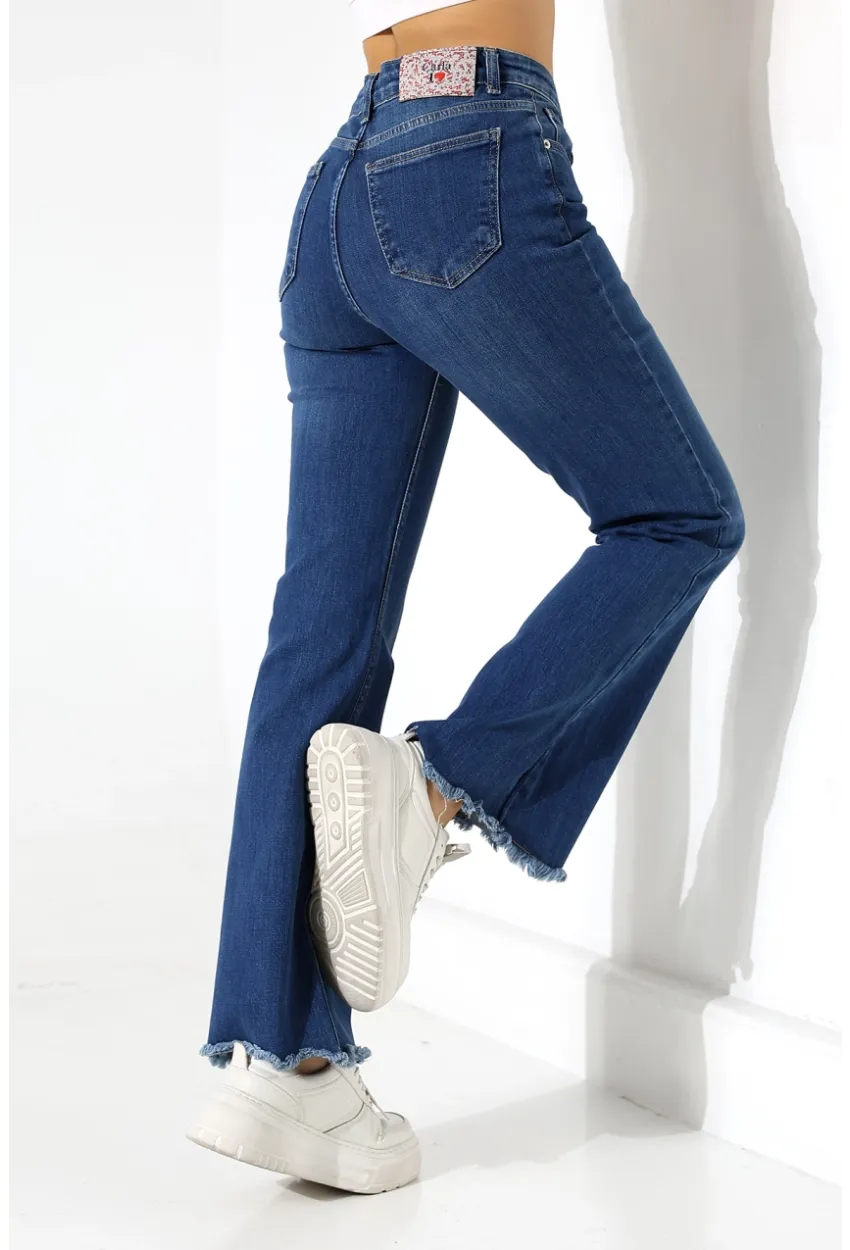 Yüksek Bel İspanyol Paça Püsküllü Jean Pantolon
