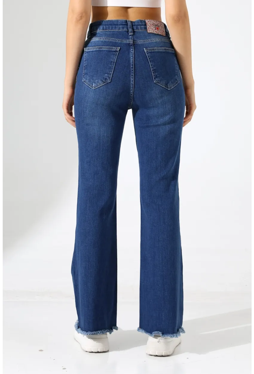 Yüksek Bel İspanyol Paça Püsküllü Jean Pantolon