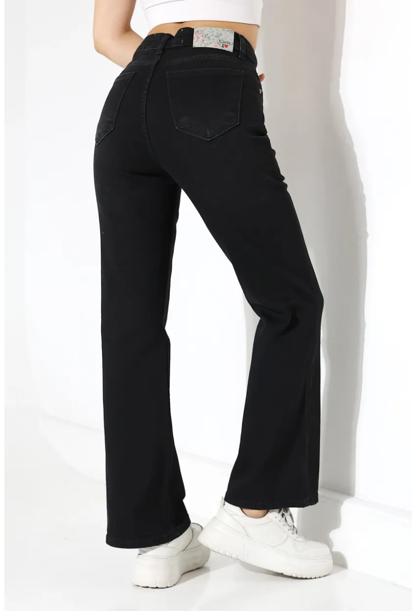 Yüksek Bel İspanyol Paça Siyah Jean Pantolon