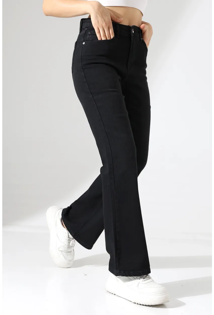 Yüksek Bel İspanyol Paça Siyah Jean Pantolon