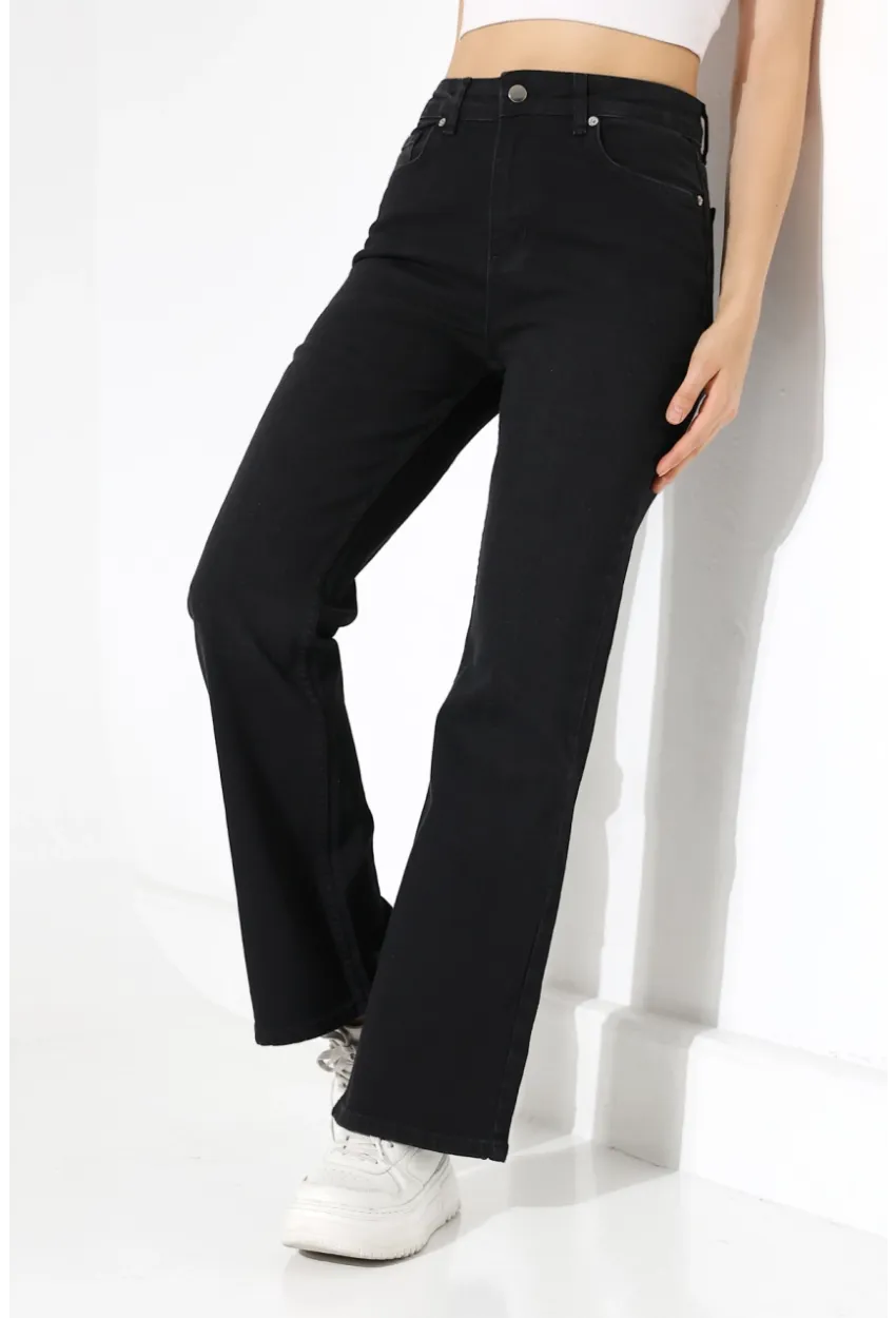 Yüksek Bel İspanyol Paça Siyah Jean Pantolon