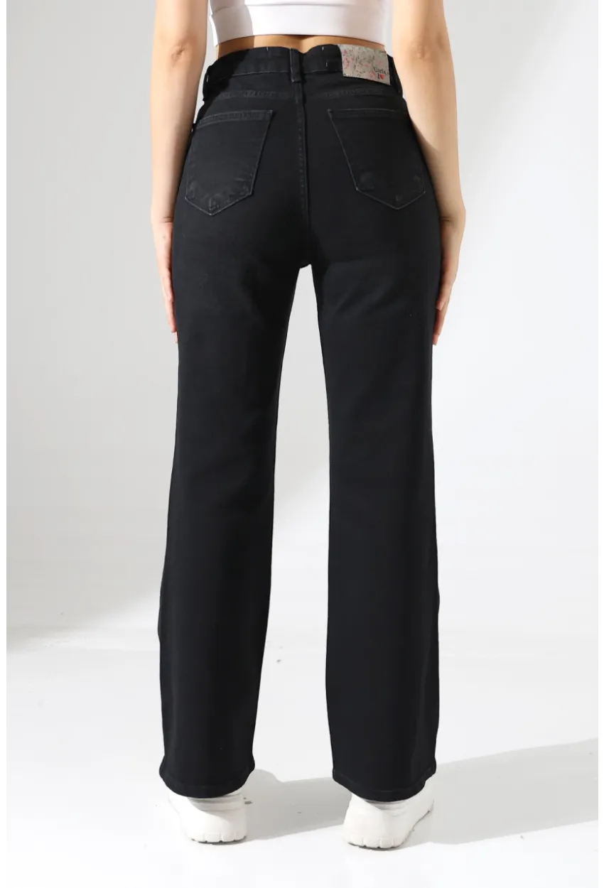 Yüksek Bel İspanyol Paça Siyah Jean Pantolon