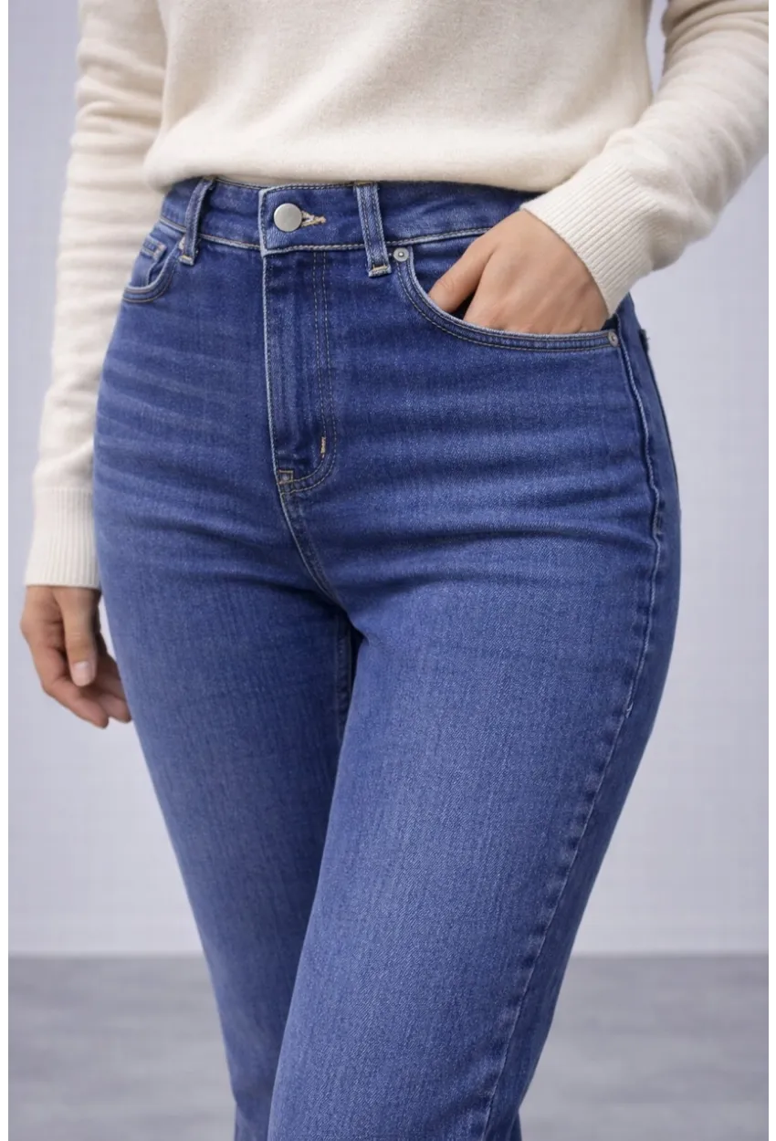 Yüksek Bel Lacivert İspanyol Paça Jean Pantolon