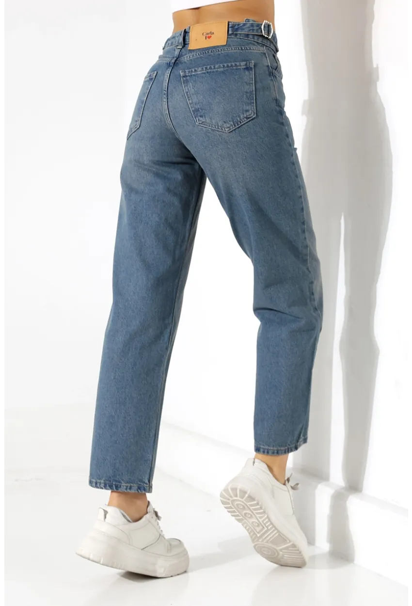 Yüksek Bel Mom Fit Mavi Jean Pantolon