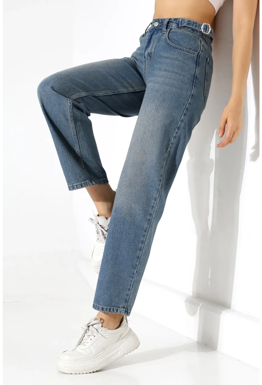 Yüksek Bel Mom Fit Mavi Jean Pantolon