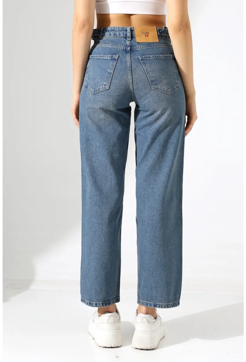Yüksek Bel Mom Fit Mavi Jean Pantolon
