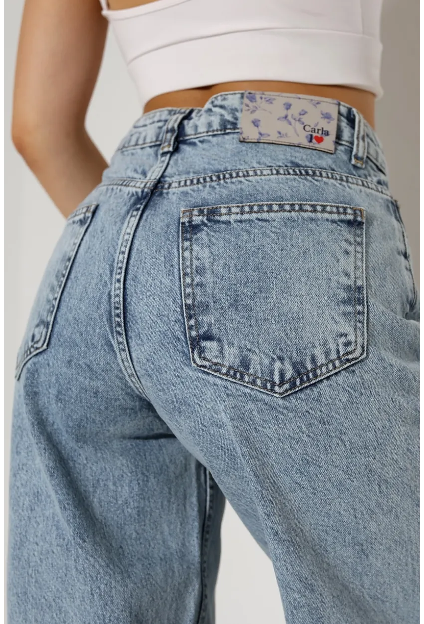 Yüksek Bel Rahat Kesim Düz Paça Jean Buz Mavisi