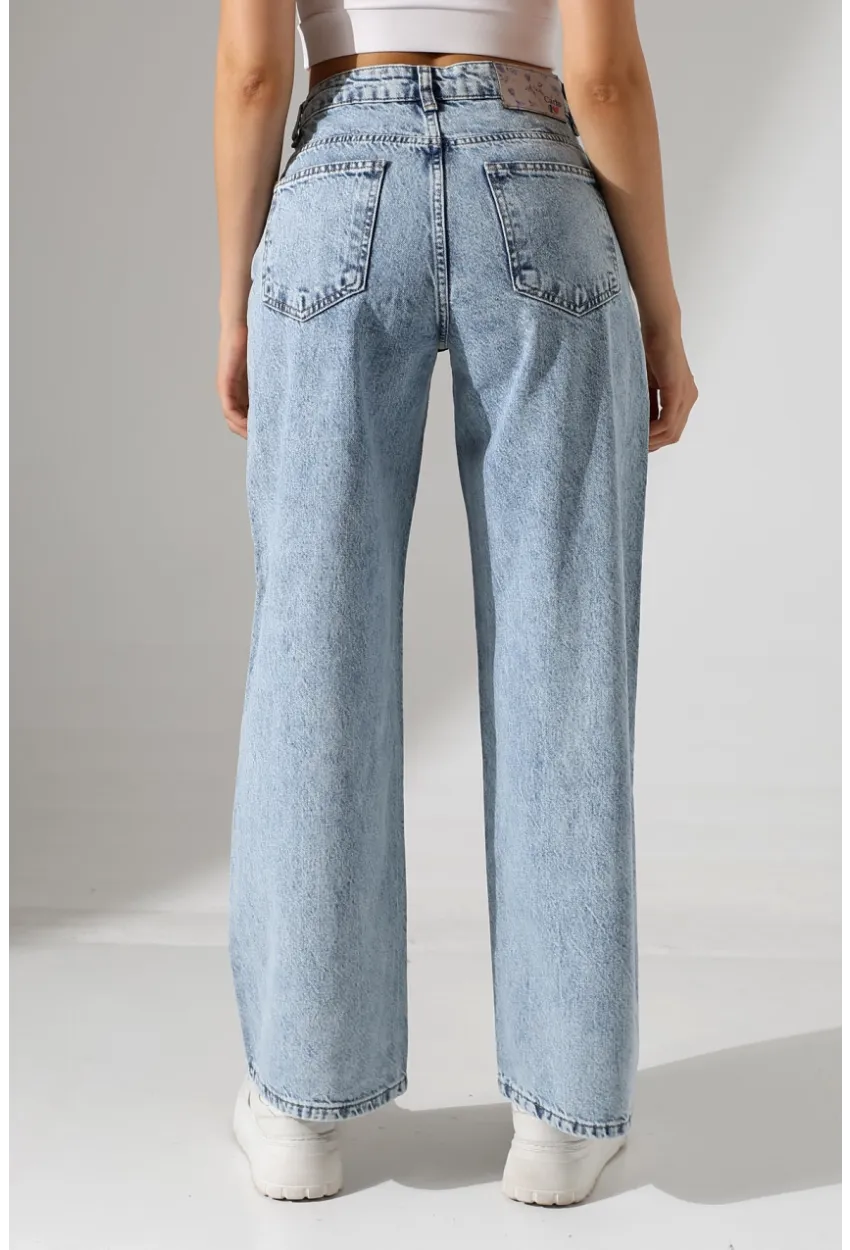 Yüksek Bel Rahat Kesim Düz Paça Jean Buz Mavisi