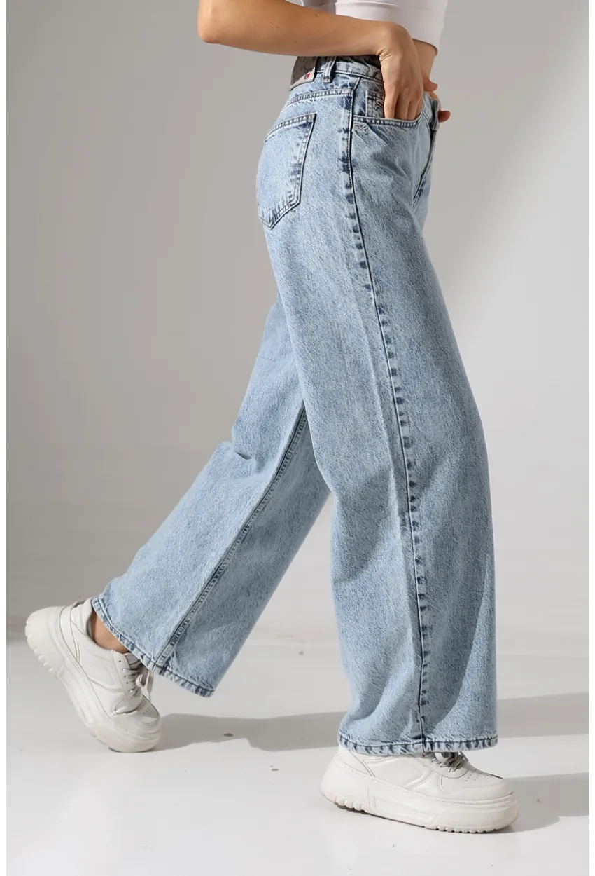 Yüksek Bel Rahat Kesim Düz Paça Jean Buz Mavisi