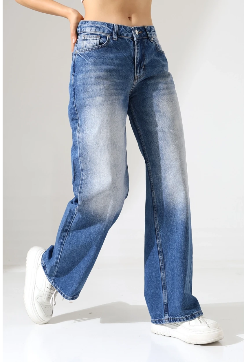 Yüksek Bel Wide Leg Açık Mavi Denim Jean Pantolon