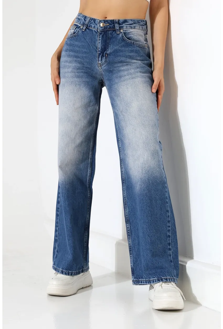 Yüksek Bel Wide Leg Açık Mavi Denim Jean Pantolon