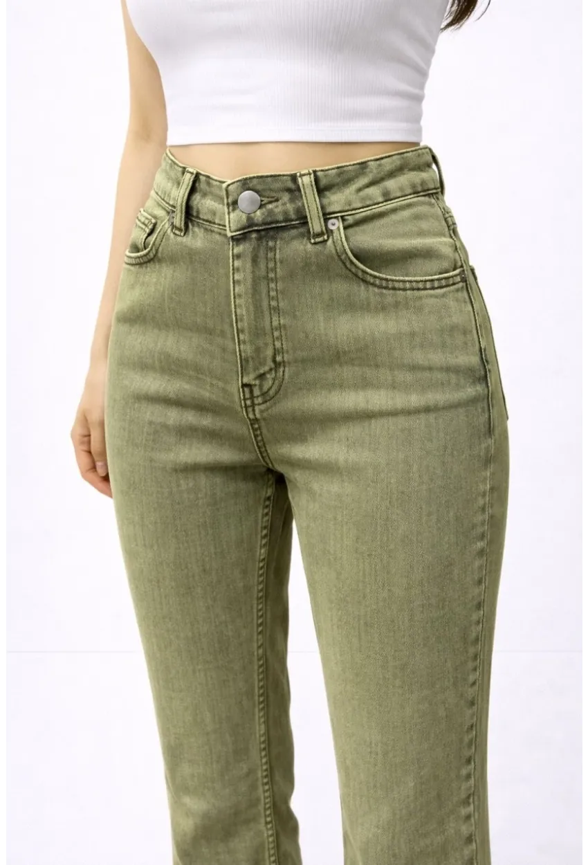 Yüksek Bel Yeşil Taşlanmış İspanyol Paça Jean Pantolon