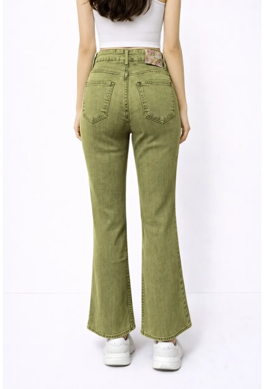 Yüksek Bel Yeşil Taşlanmış İspanyol Paça Jean Pantolon