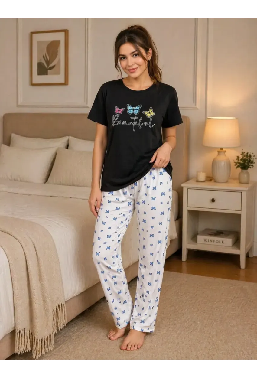 Beautiful Baskılı Kadın Pijama Takımı – Siyah T-Shirt & Kelebek Desenli Uzun Alt