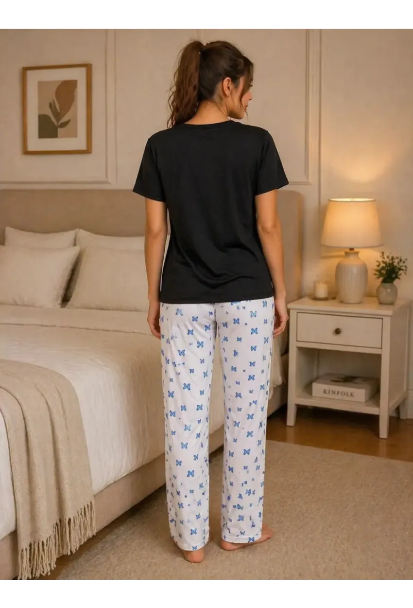 Beautiful Baskılı Kadın Pijama Takımı – Siyah T-Shirt & Kelebek Desenli Uzun Alt