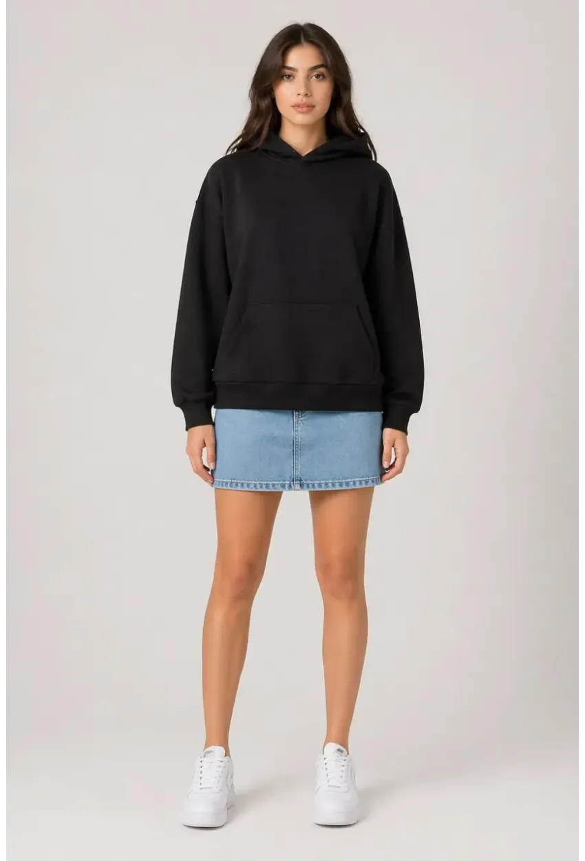 Siyah Modal Kumaş Oversize Kapüşonlu Sweatshirt