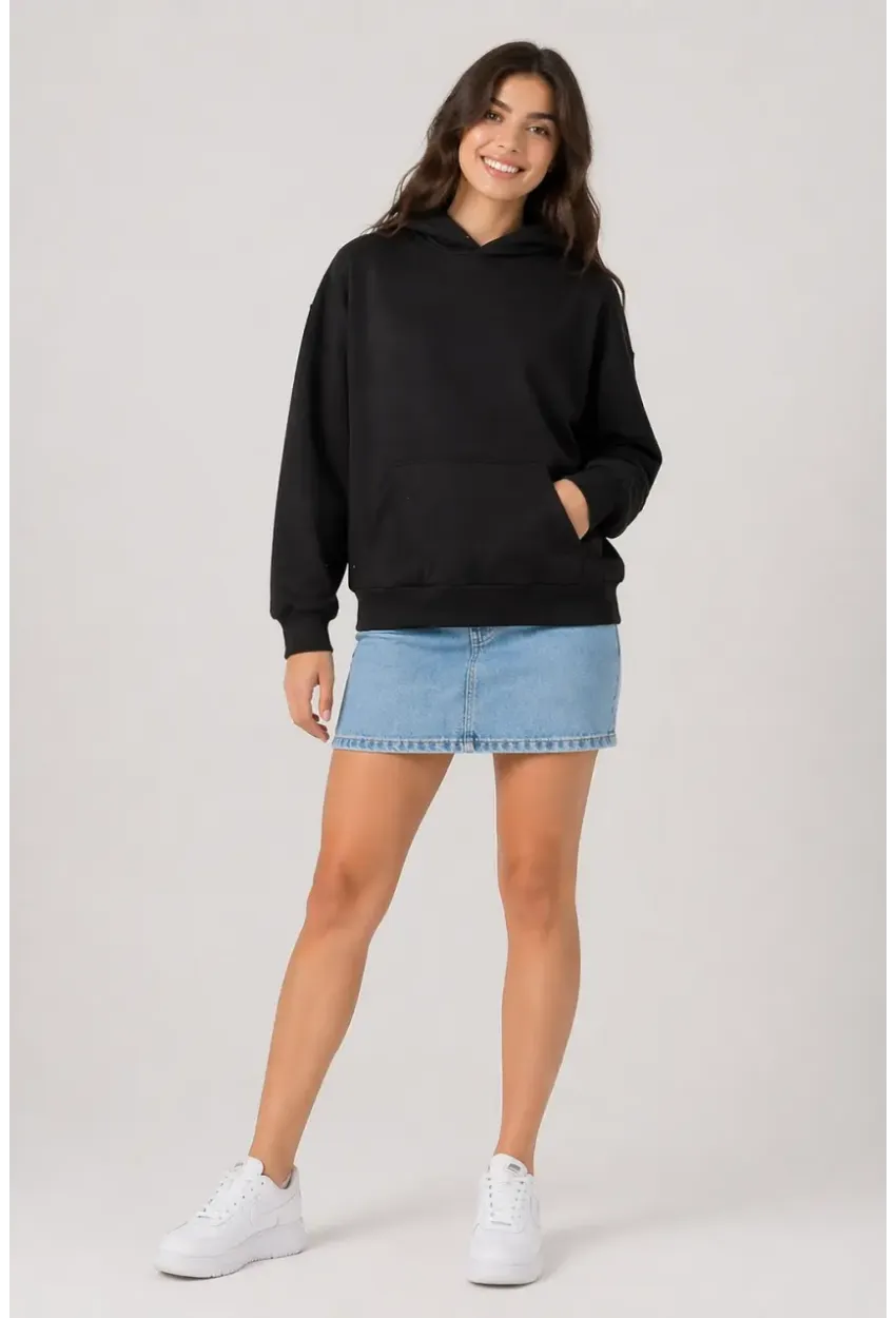 Siyah Modal Kumaş Oversize Kapüşonlu Sweatshirt