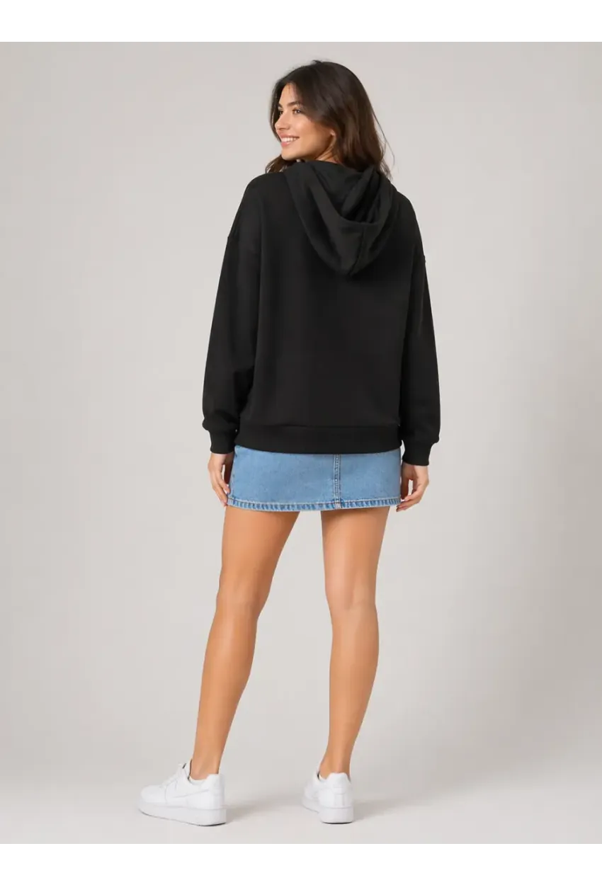 Siyah Modal Kumaş Oversize Kapüşonlu Sweatshirt