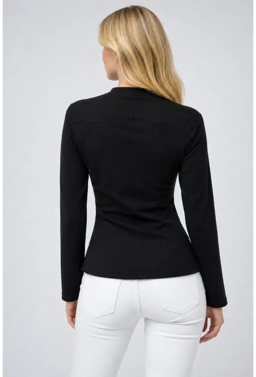 Siyah Dik Yaka Fermuar Detaylı Bluz – Yan Yırtmaçlı & Modern Fit