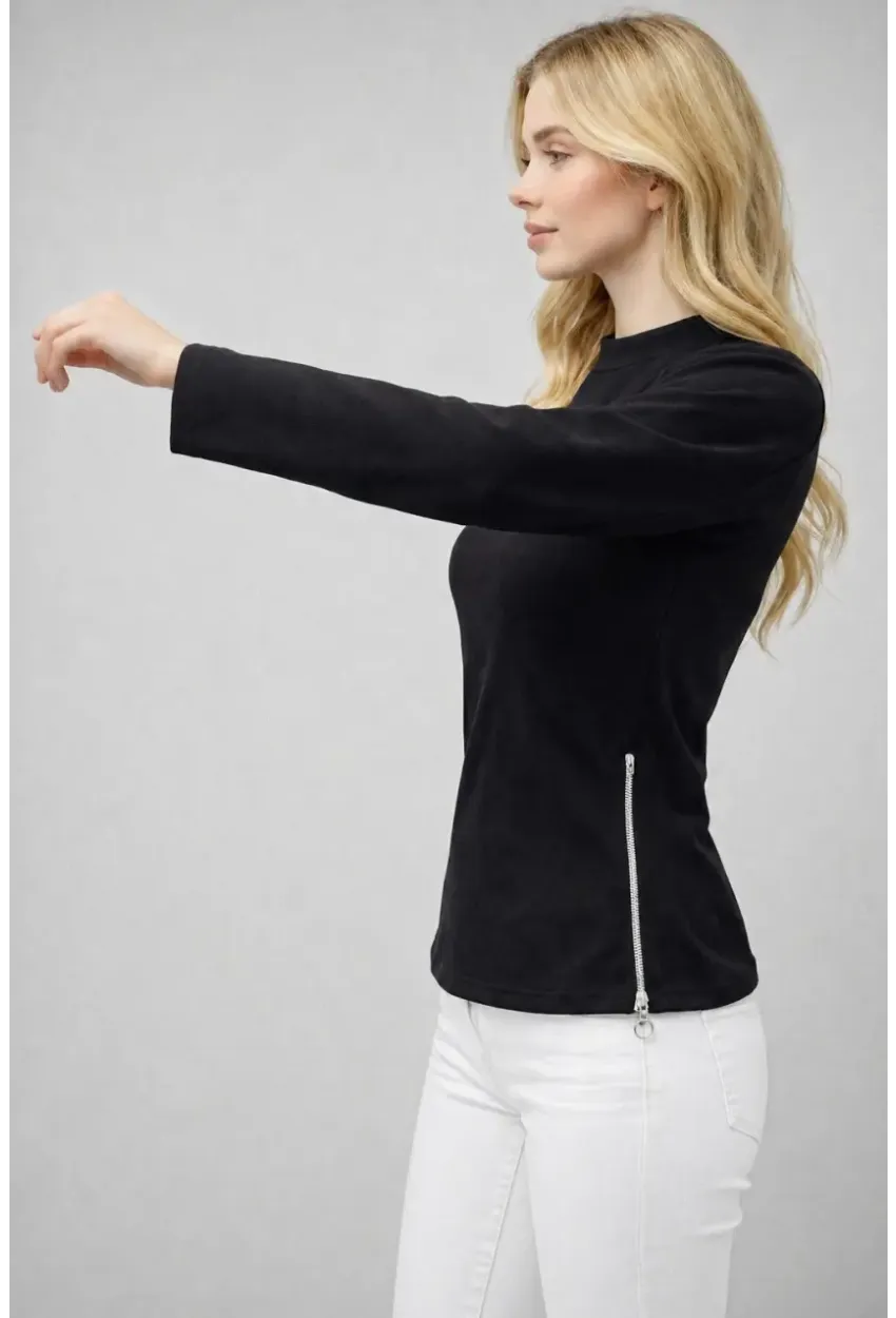 Siyah Dik Yaka Fermuar Detaylı Bluz – Yan Yırtmaçlı & Modern Fit