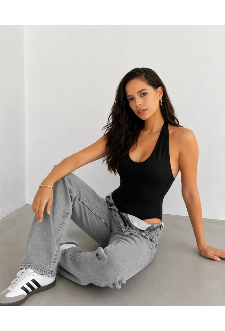 Kadın Boyundan Bağlamalı Siyah Bodysuit