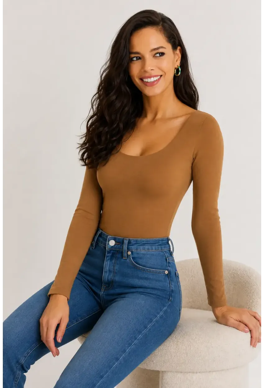 Kadın U Yaka Uzun Kollu Esnek Basic Bluz – Camel