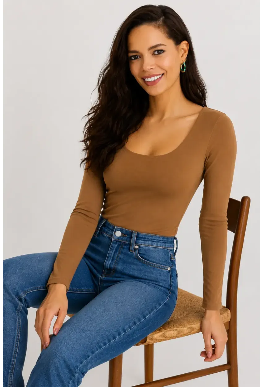 Kadın U Yaka Uzun Kollu Esnek Basic Bluz – Camel