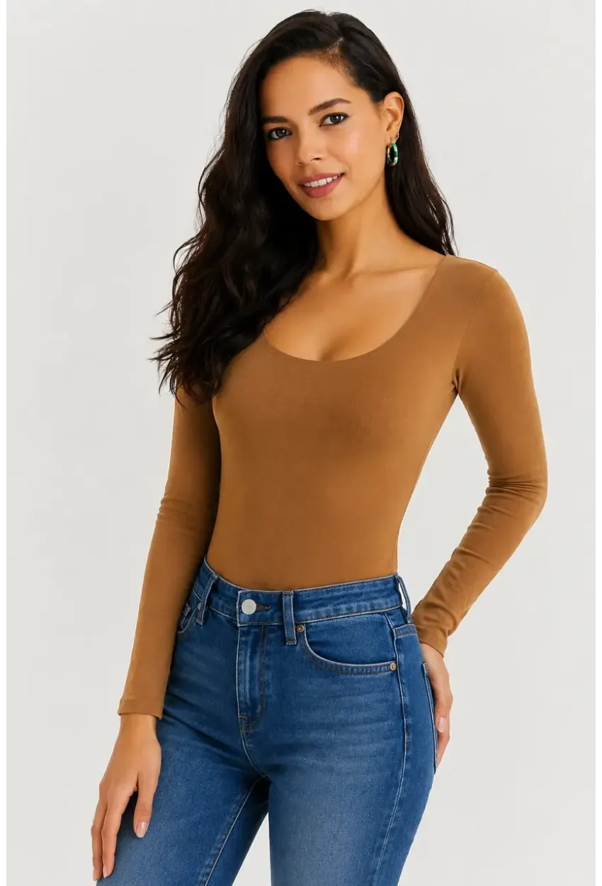 Kadın U Yaka Uzun Kollu Esnek Basic Bluz – Camel