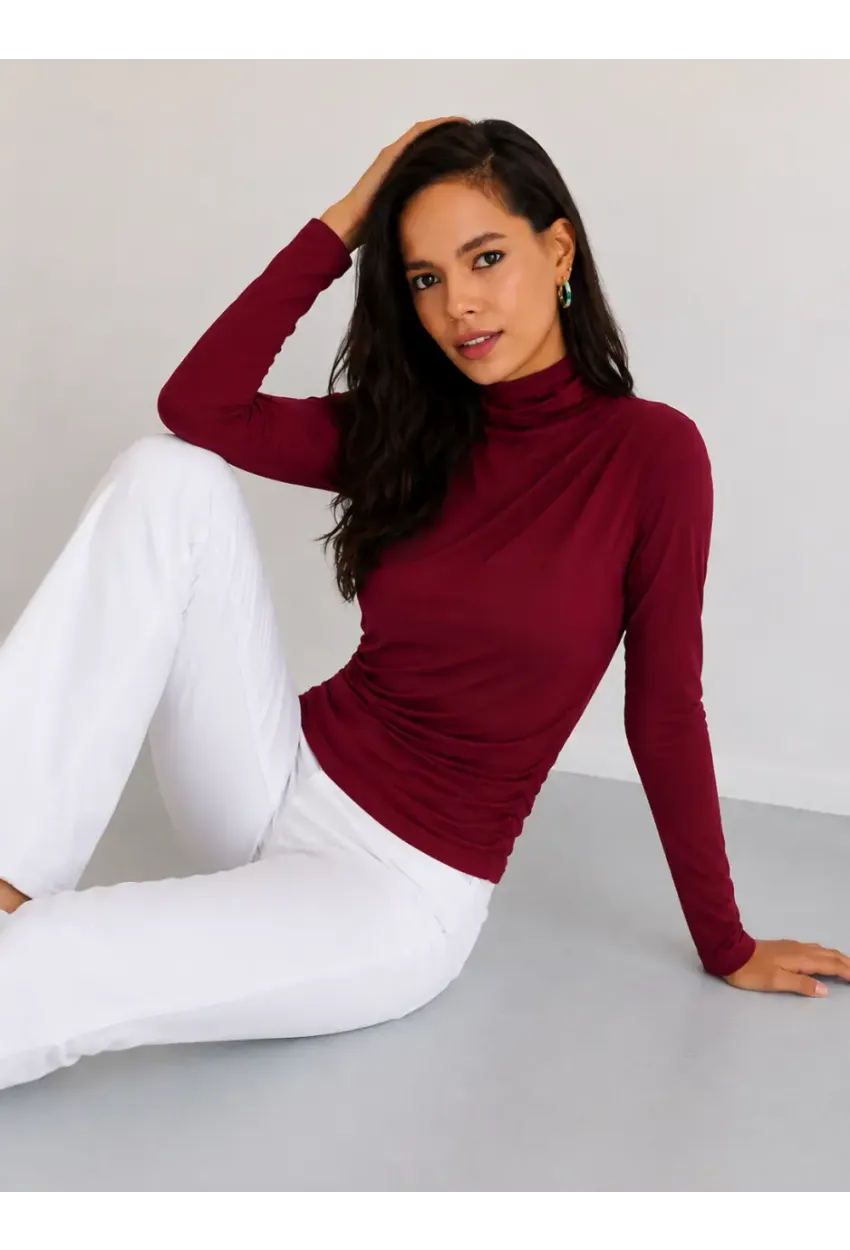 Kadın Bordo Drapeli Boğazlı Uzun Kollu Esnek Fit Bluz
