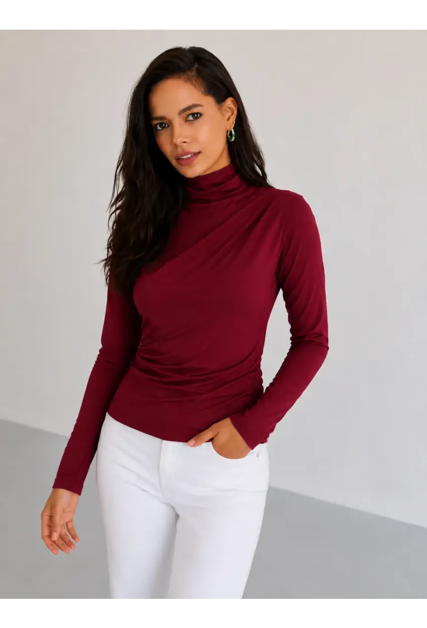 Kadın Bordo Drapeli Boğazlı Uzun Kollu Esnek Fit Bluz