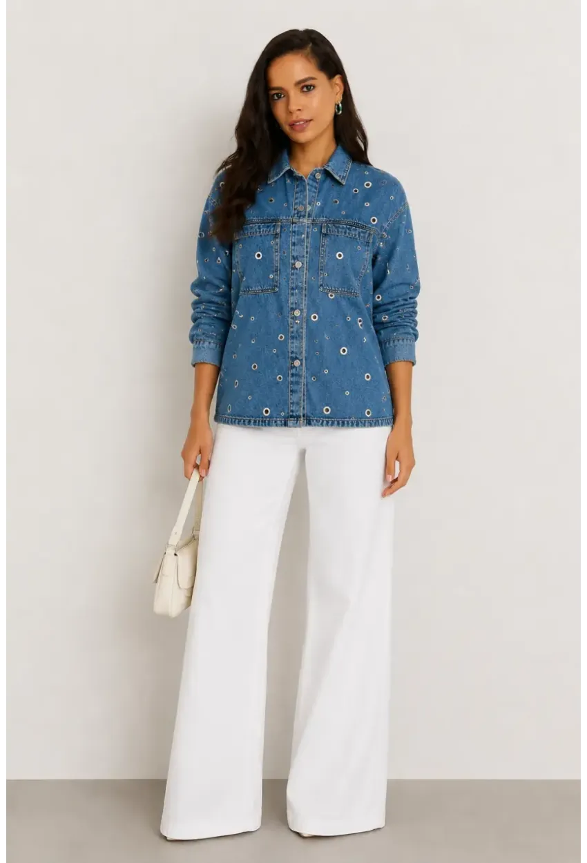 Kadın Mavi Kuş Gözü Detaylı Oversize Denim Jean Ceket