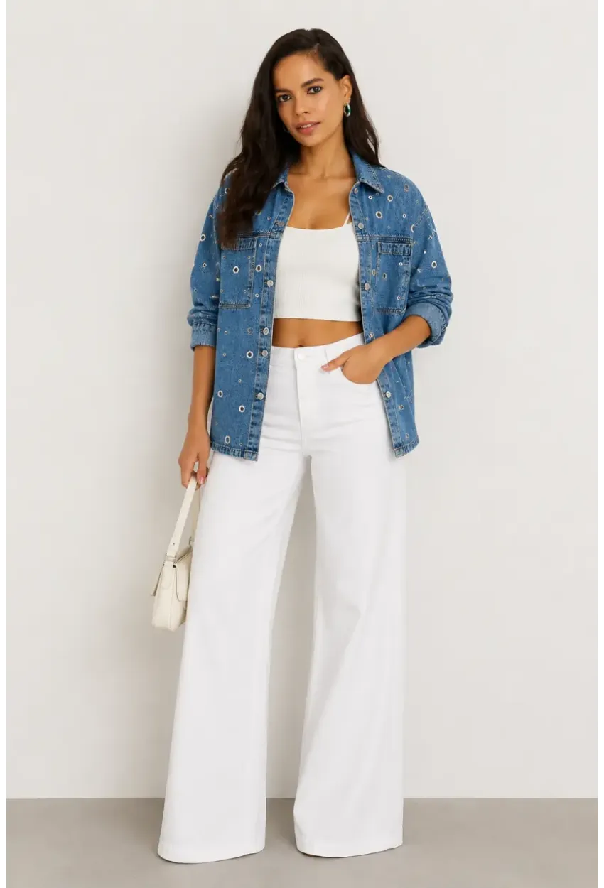 Kadın Mavi Kuş Gözü Detaylı Oversize Denim Jean Ceket