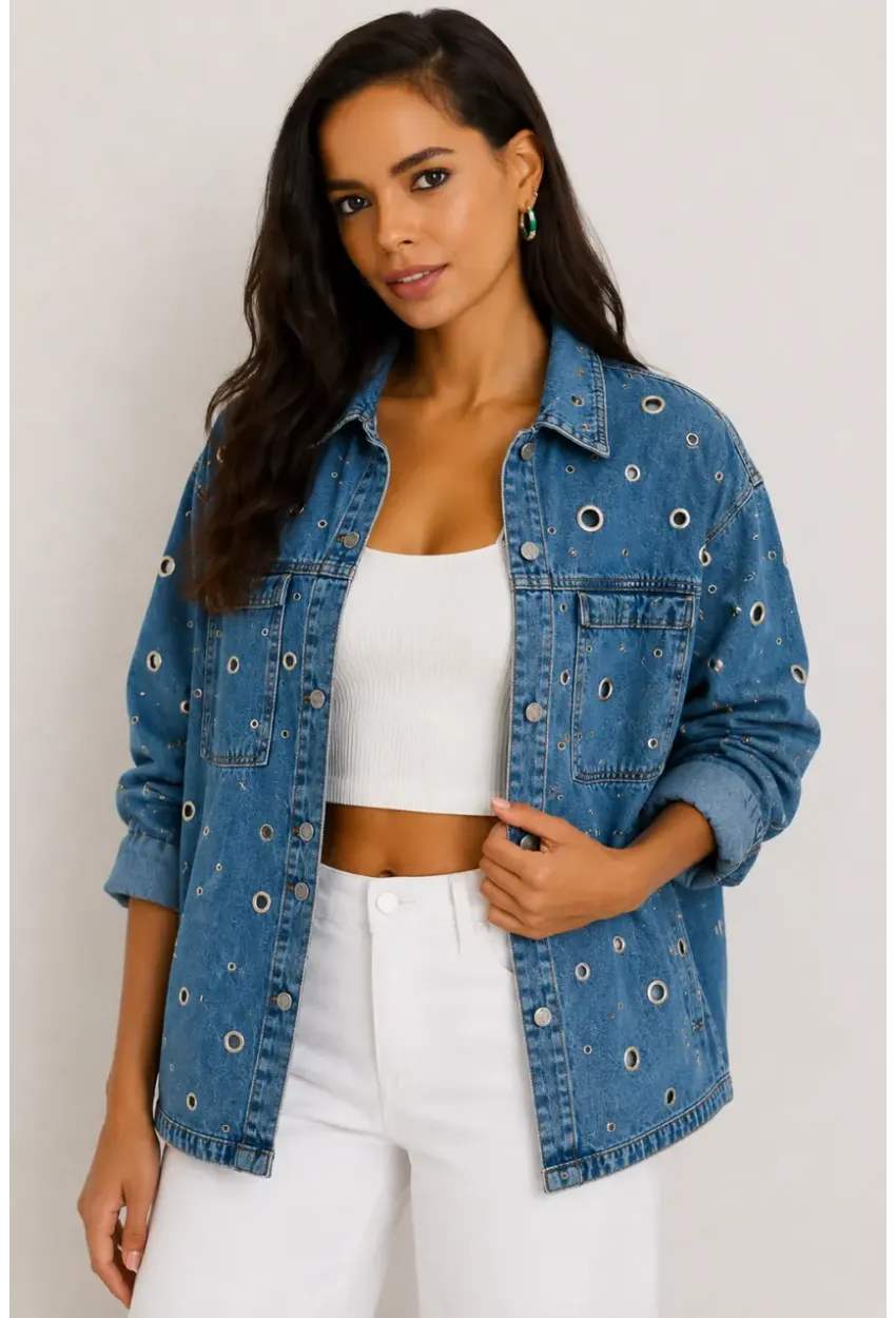 Kadın Mavi Kuş Gözü Detaylı Oversize Denim Jean Ceket