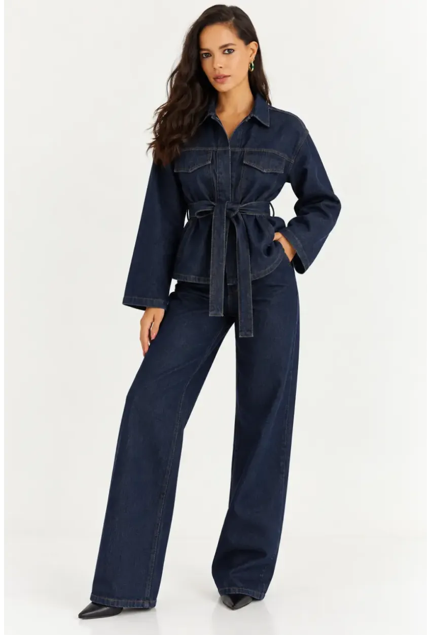 Kadın Koyu Lacivert Denim Kuşaklı Ceket & Bol Paça Jean İkili Takım