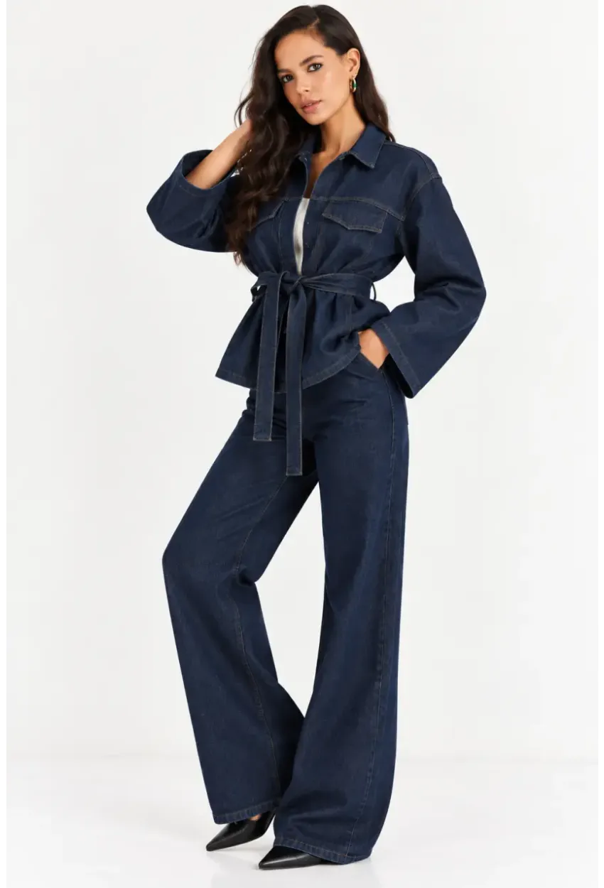 Kadın Koyu Lacivert Denim Kuşaklı Ceket & Bol Paça Jean İkili Takım
