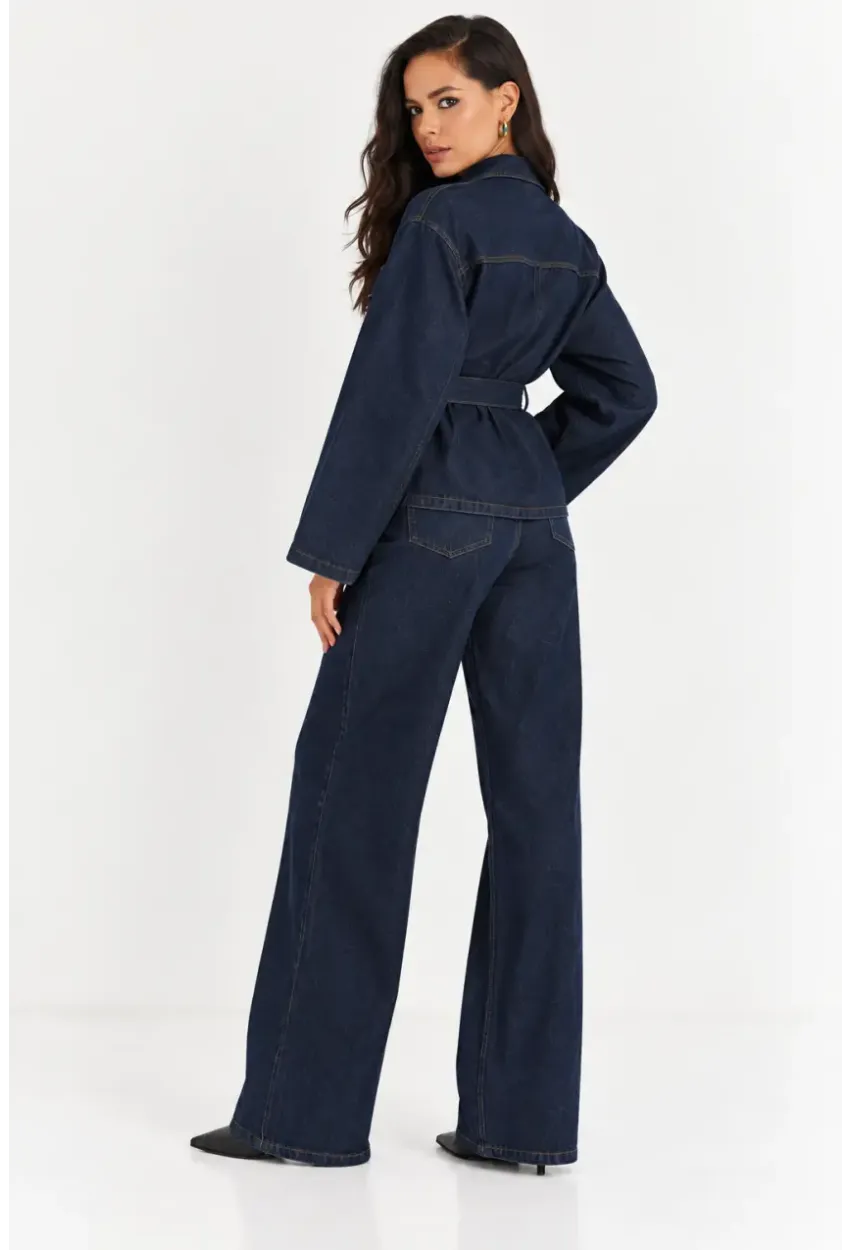 Kadın Koyu Lacivert Denim Kuşaklı Ceket & Bol Paça Jean İkili Takım