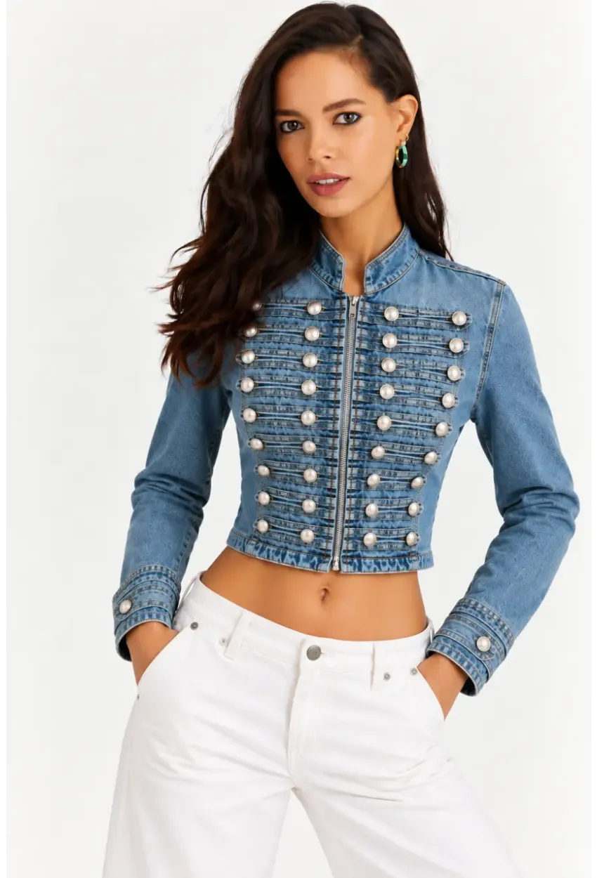 Kadın Premium Metal Düğme Detaylı Crop Denim Ceket
