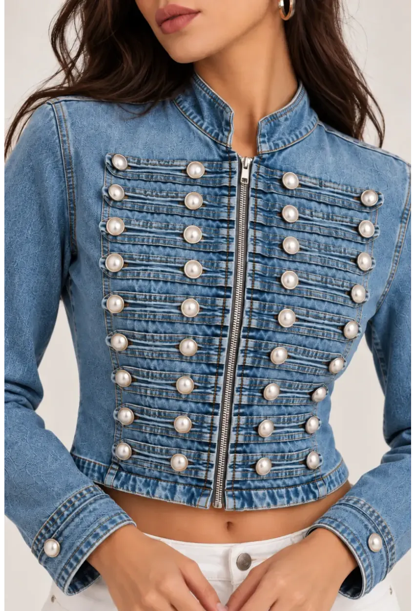 Kadın Premium Metal Düğme Detaylı Crop Denim Ceket