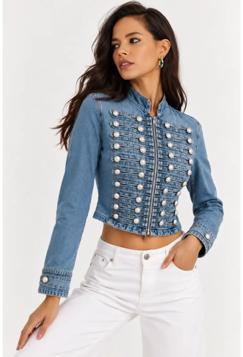 Kadın Premium Metal Düğme Detaylı Crop Denim Ceket