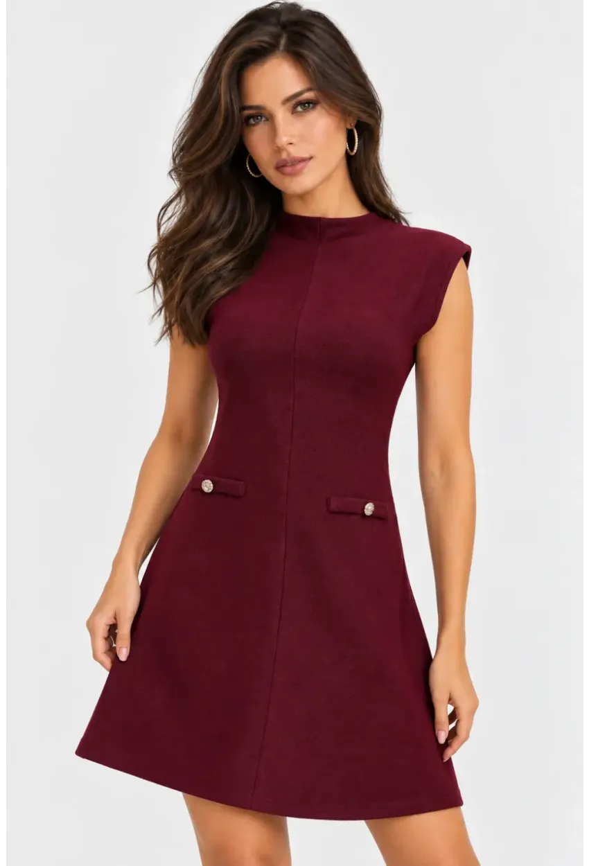 Bordo Dik Yaka A Kesim Mini Elbise